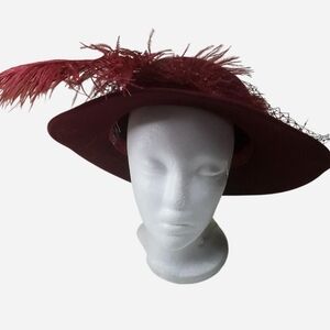 Vintage Burgundy hat wide Brim net and Feathers 1960s Whimsygoth Mobwife Retro